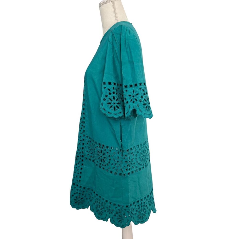 Rebecca Taylor Dress Womens 2 Teal Deco Eyelet Shift Flutter Embroidered Pockets - Picture 5 of 11
